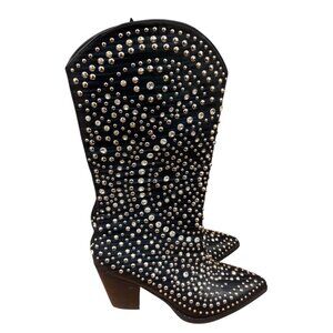 Black Studded Knee-High Western Boots Size 9 By Beast Fashion